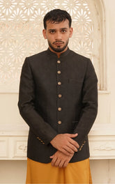 Dark Black Self Embossed Jamawar Prince Coat