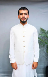 White Self Embossed Jamawar Waistcoat