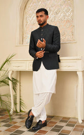 Worsted Black Self Embossed Jamawar Coat