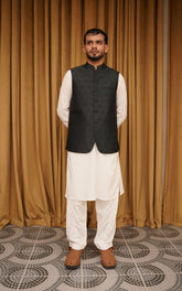 Black Self Embossed Jamawar Wedding Waistcoat