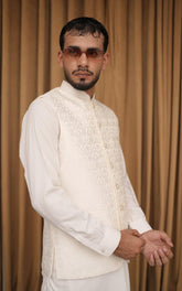 Self Embossed Jamawar Waistcoat Cream White