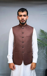Mocha Glow Self Embossed Jamawar Waistcoat