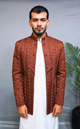 Brown Geometric Textured Open Prince Coat