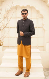 Black Self Embossed Jamawar Coat