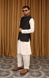 Self Embossed Jamawar Black Waistcoat