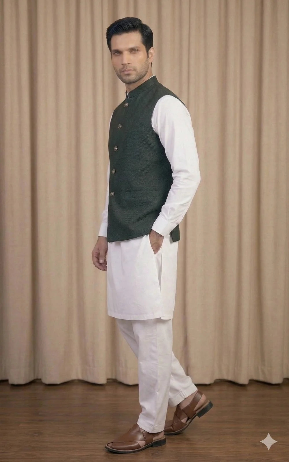 Forest Green Textured Waistcoat