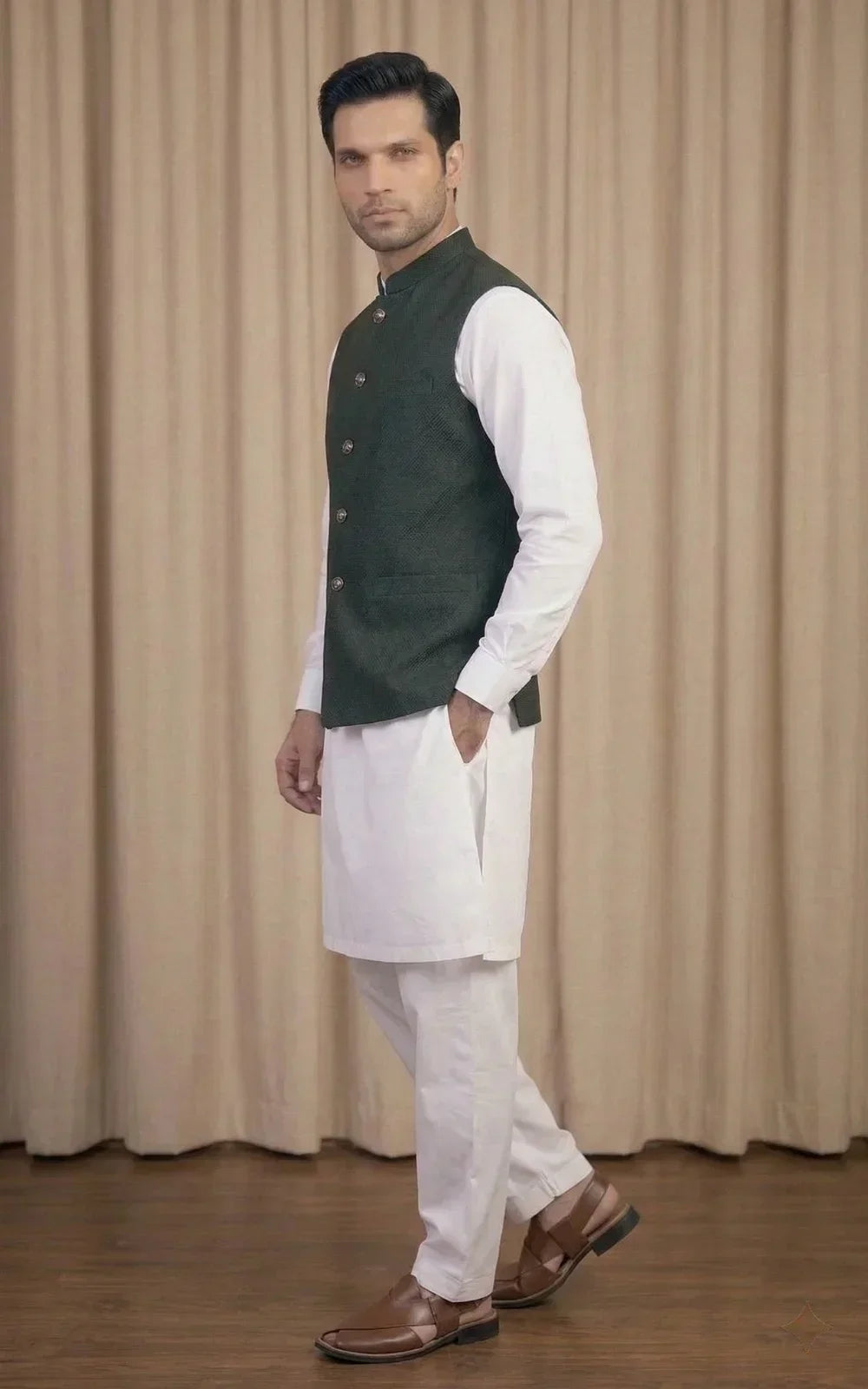 Forest Green Textured Waistcoat
