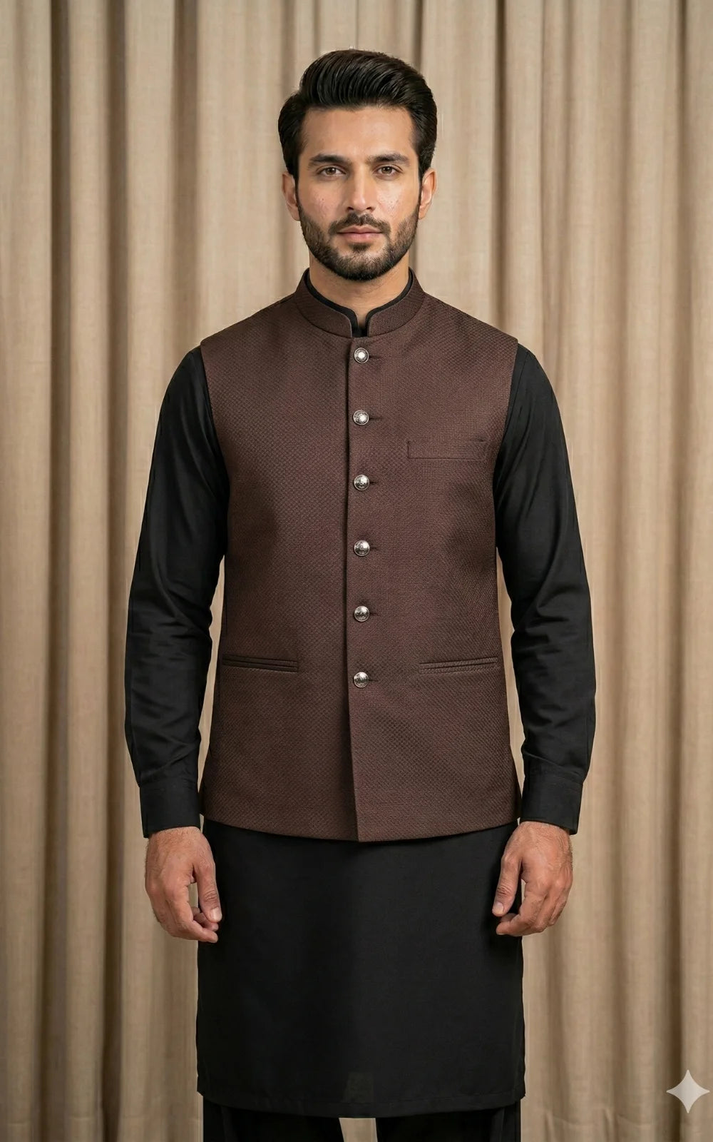 Chocolate Brown Textured Waistcoat