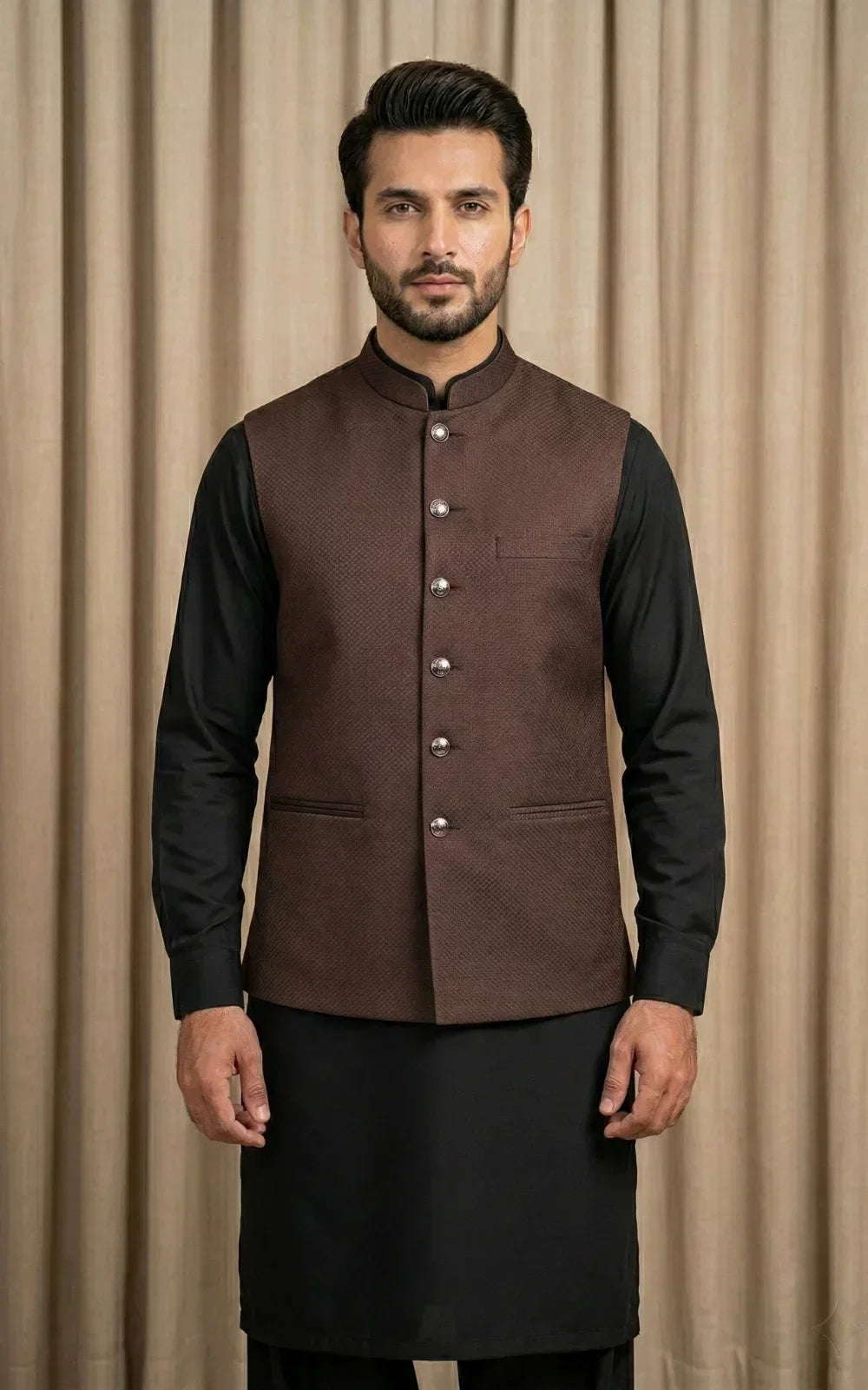Chocolate Brown Textured Waistcoat