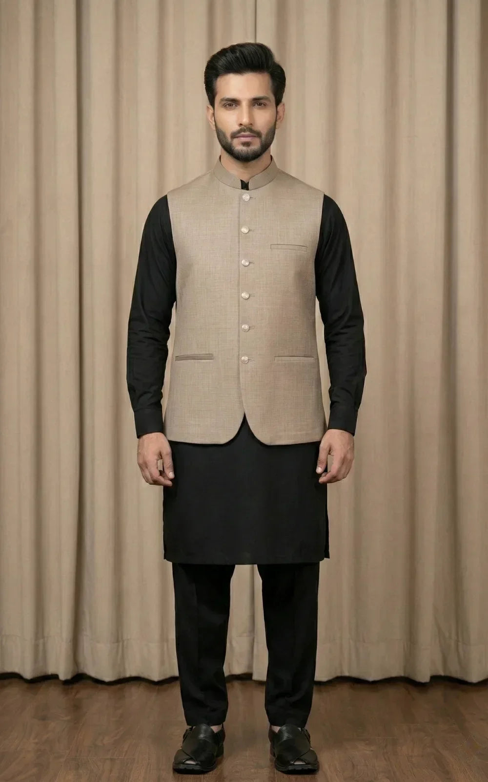 Beige Textured Waistcoat