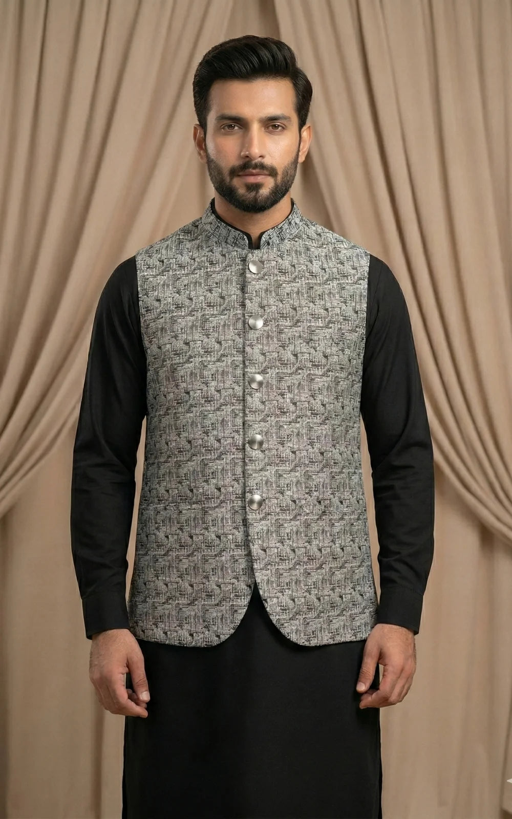 Silver Grey Textured Jacquard Waistcoat