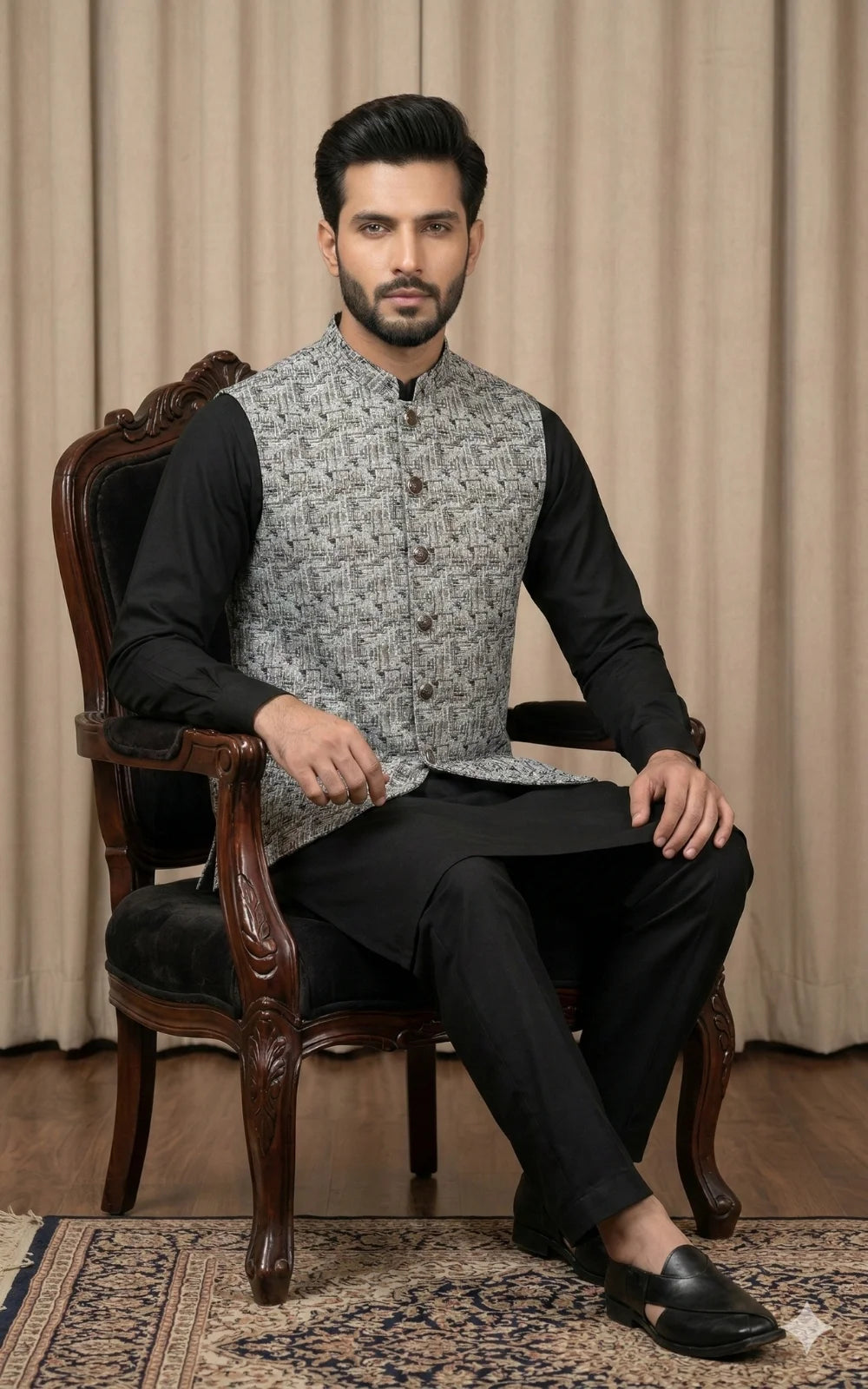 Silver Grey Textured Jacquard Waistcoat