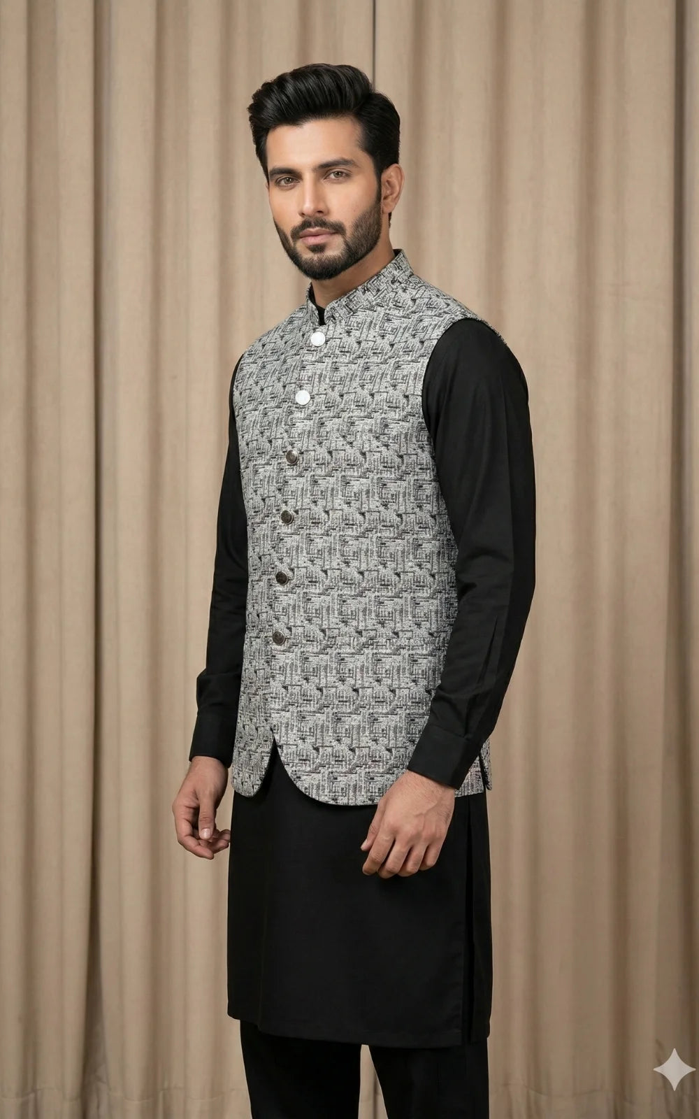 Silver Grey Textured Jacquard Waistcoat