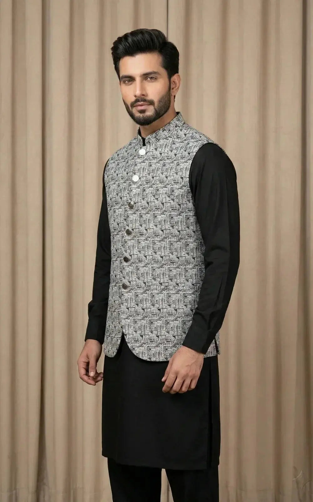 Silver Grey Textured Jacquard Waistcoat Last Option