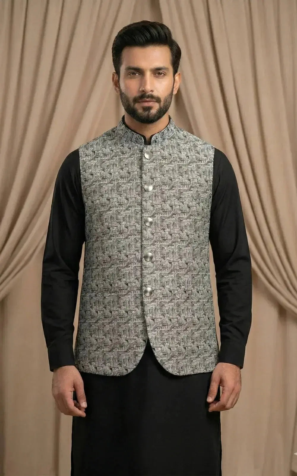 Silver Grey Textured Jacquard Waistcoat Last Option