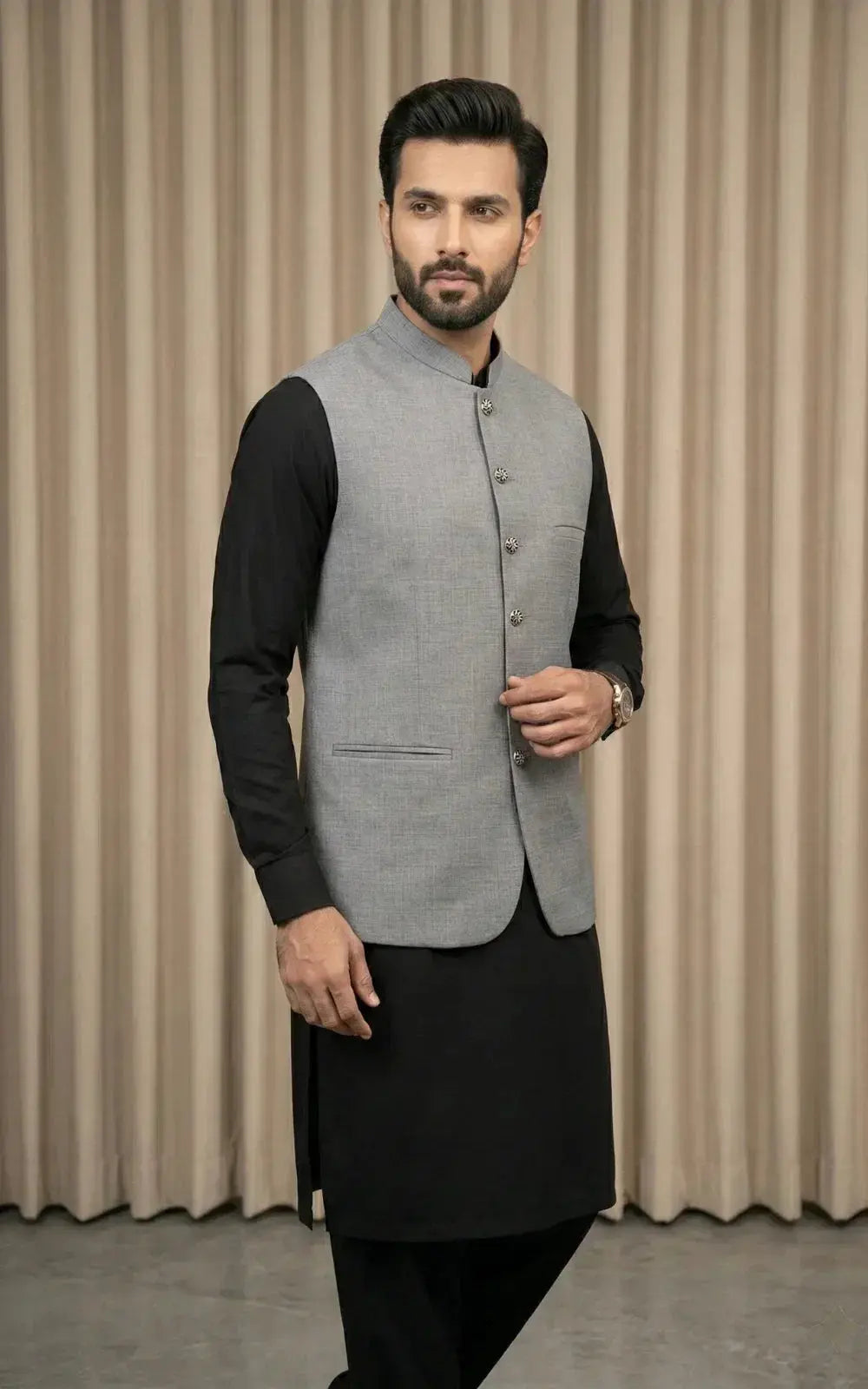 Steel Grey Textured Melange Waistcoat Last Option