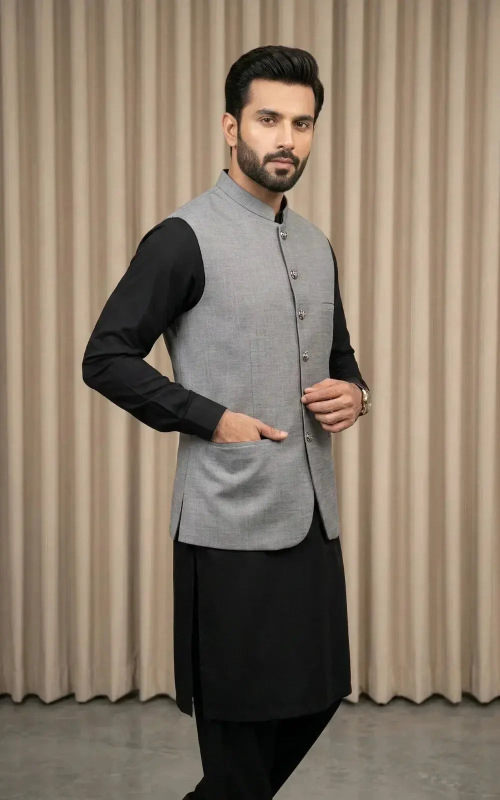 Steel Grey Textured Melange Waistcoat Last Option