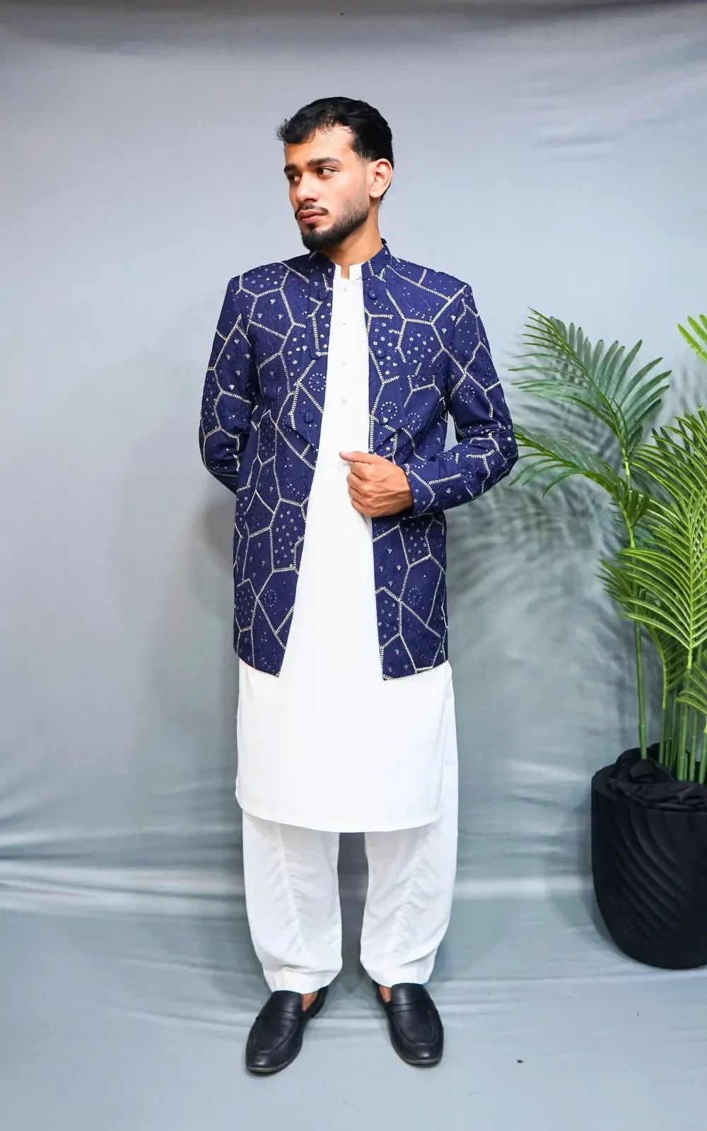 Royal Blue Embroidered Open Coat