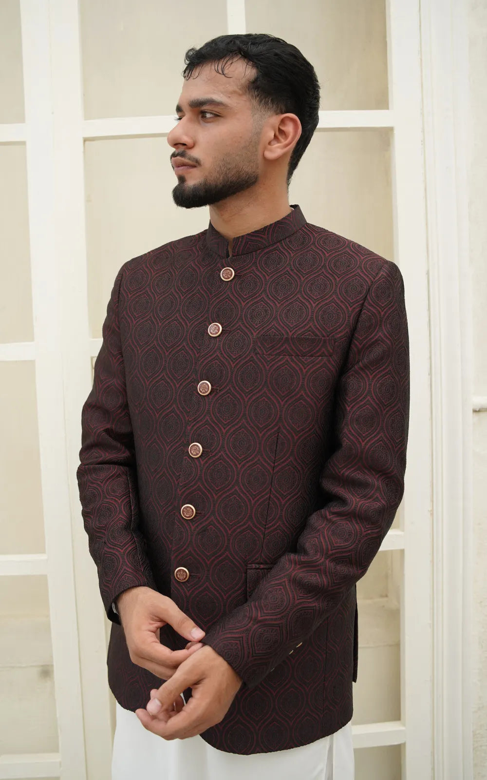 Royal Maroon Textured Prince Coat
