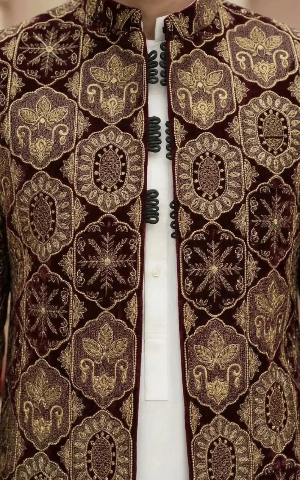 Maroon Velvet Embellished Open Prince Coat Last Option