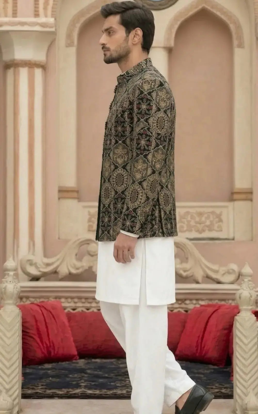 Dark Sea Green Velvet Embellished Open Prince Coat Last Option