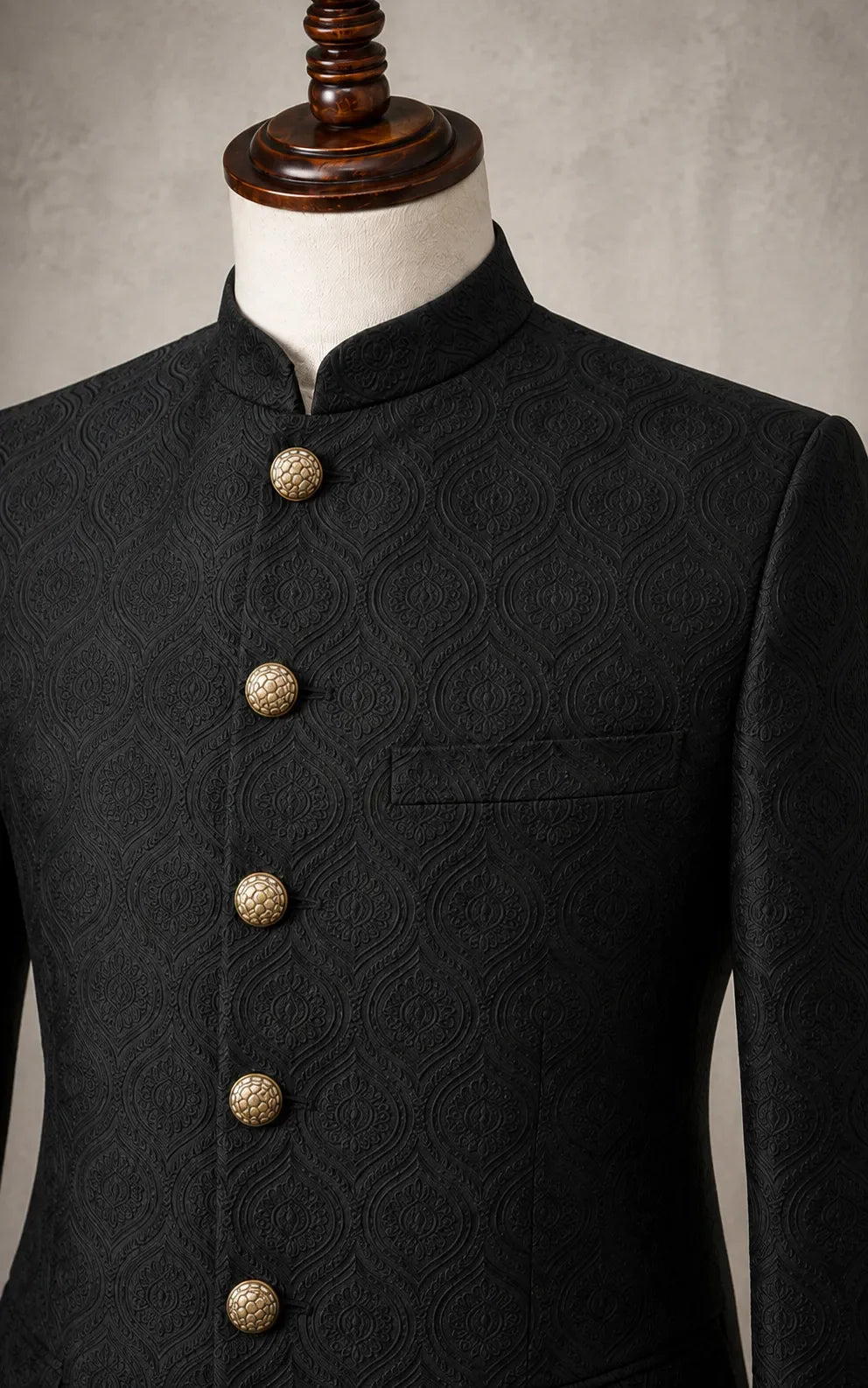 Black Self-Embossed Paisley Pattern Prince Coat