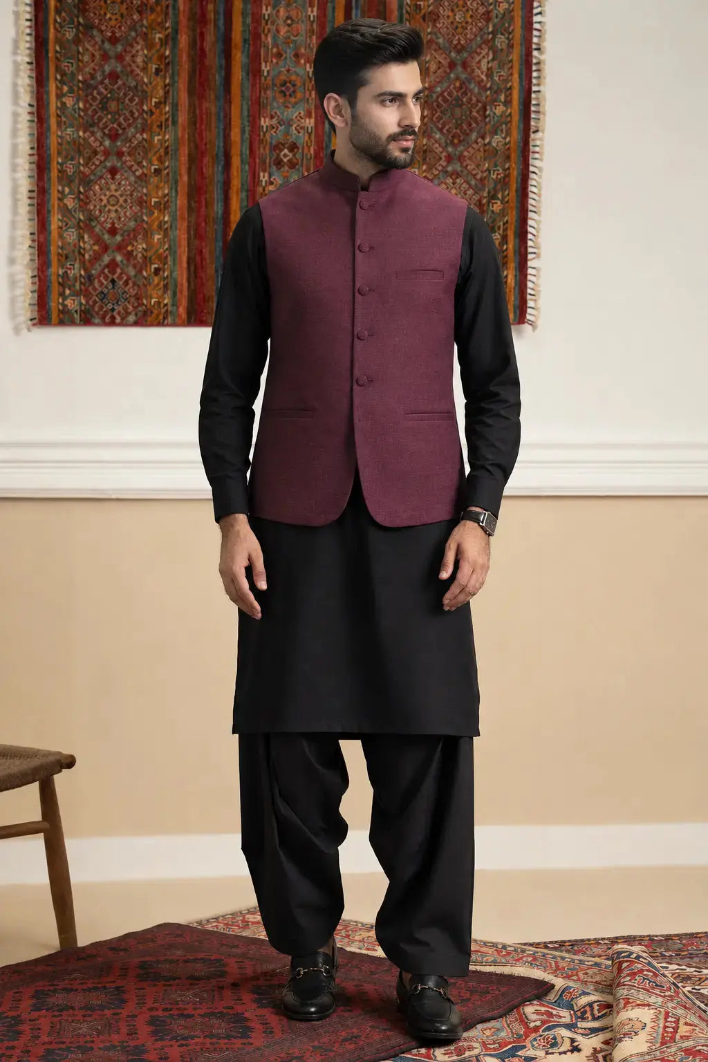 Maroon Textured Waistcoat Last Option