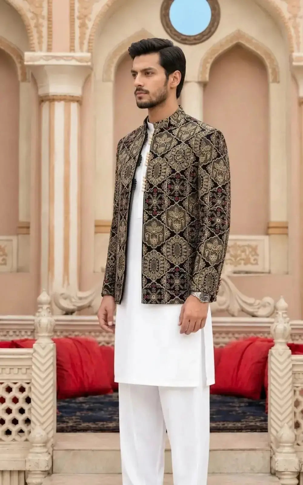Black Velvet Embellished Open Prince Coat Last Option