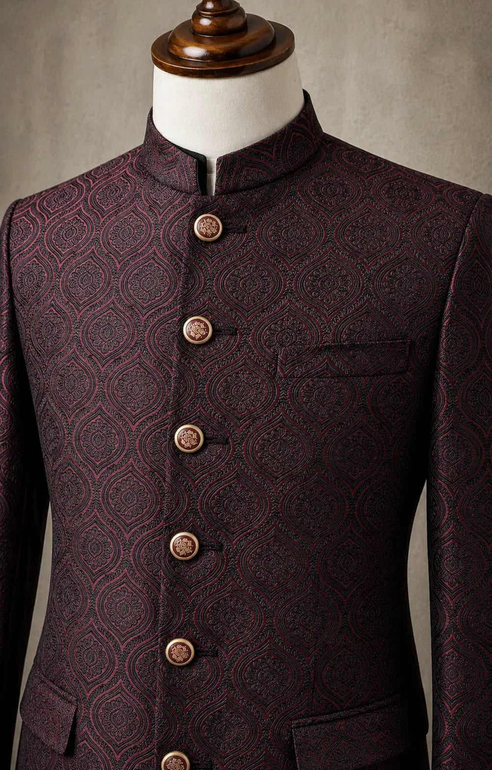 Maroon Self-Embossed Teardrop Pattern Prince Coat