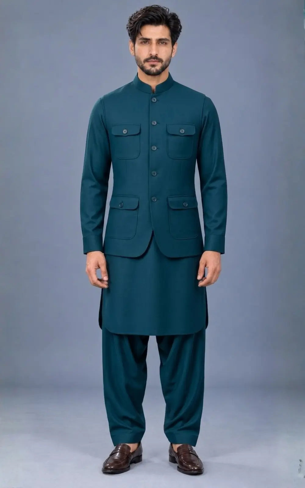 Teal Customized Shalwar Kameez Suit with Fabric Last Option