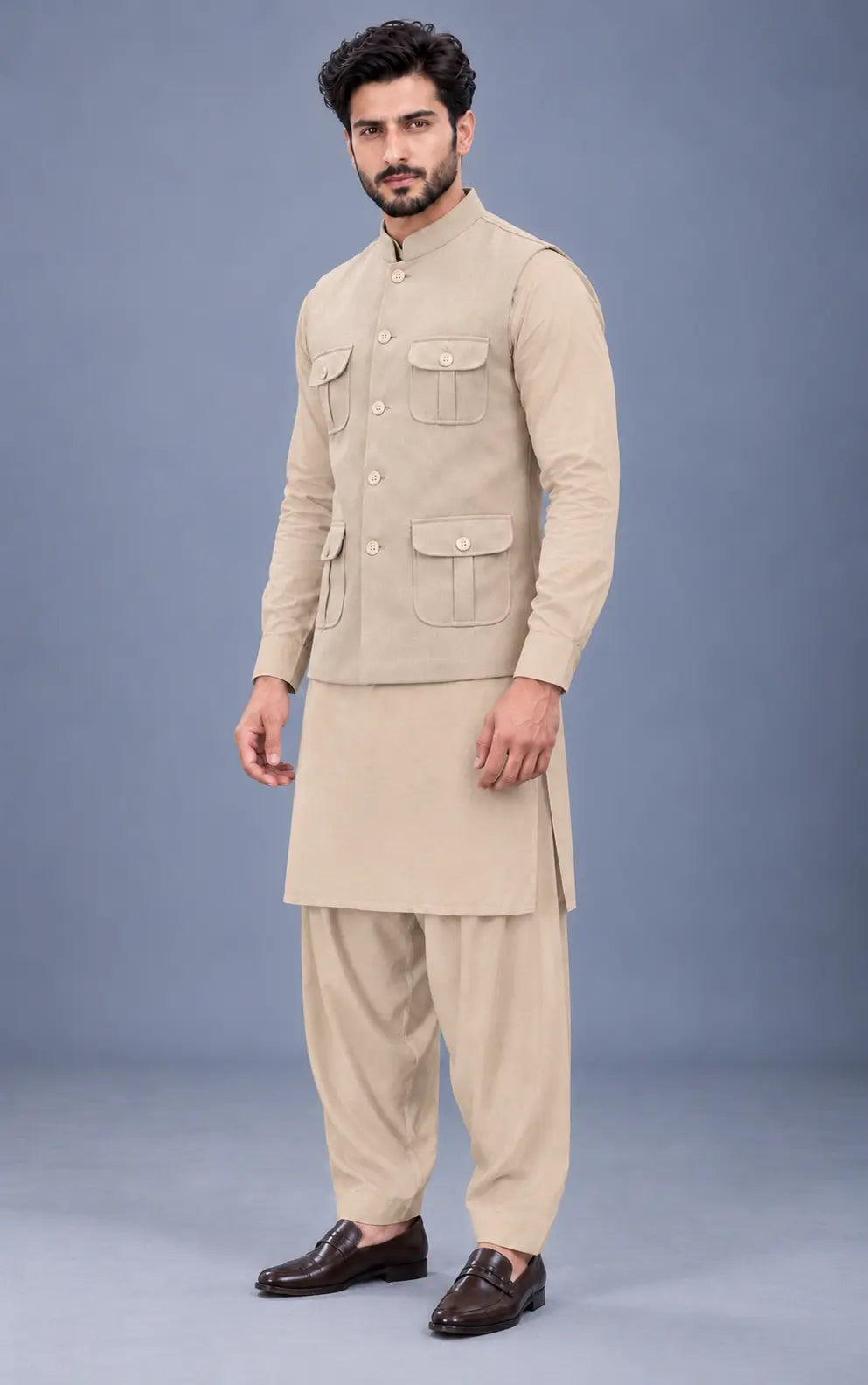 Light Beige Customized Shalwar Kameez Suit with Fabric Last Option