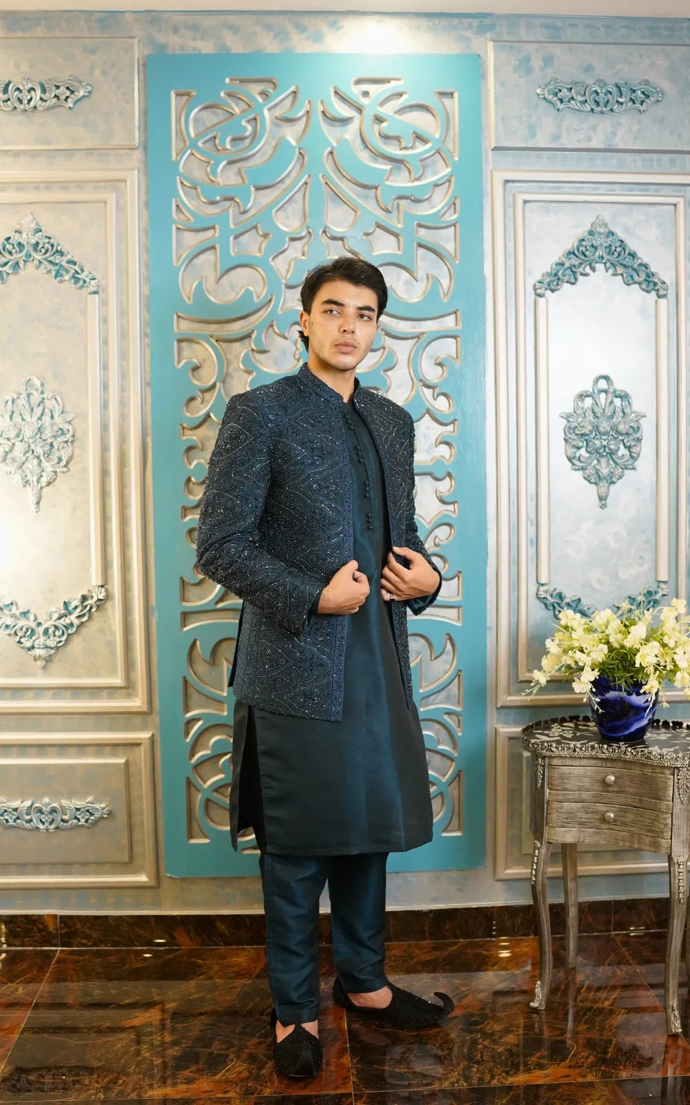 Luxury Handcrafted Embroidered Prince Coat with Kurta Shalwar