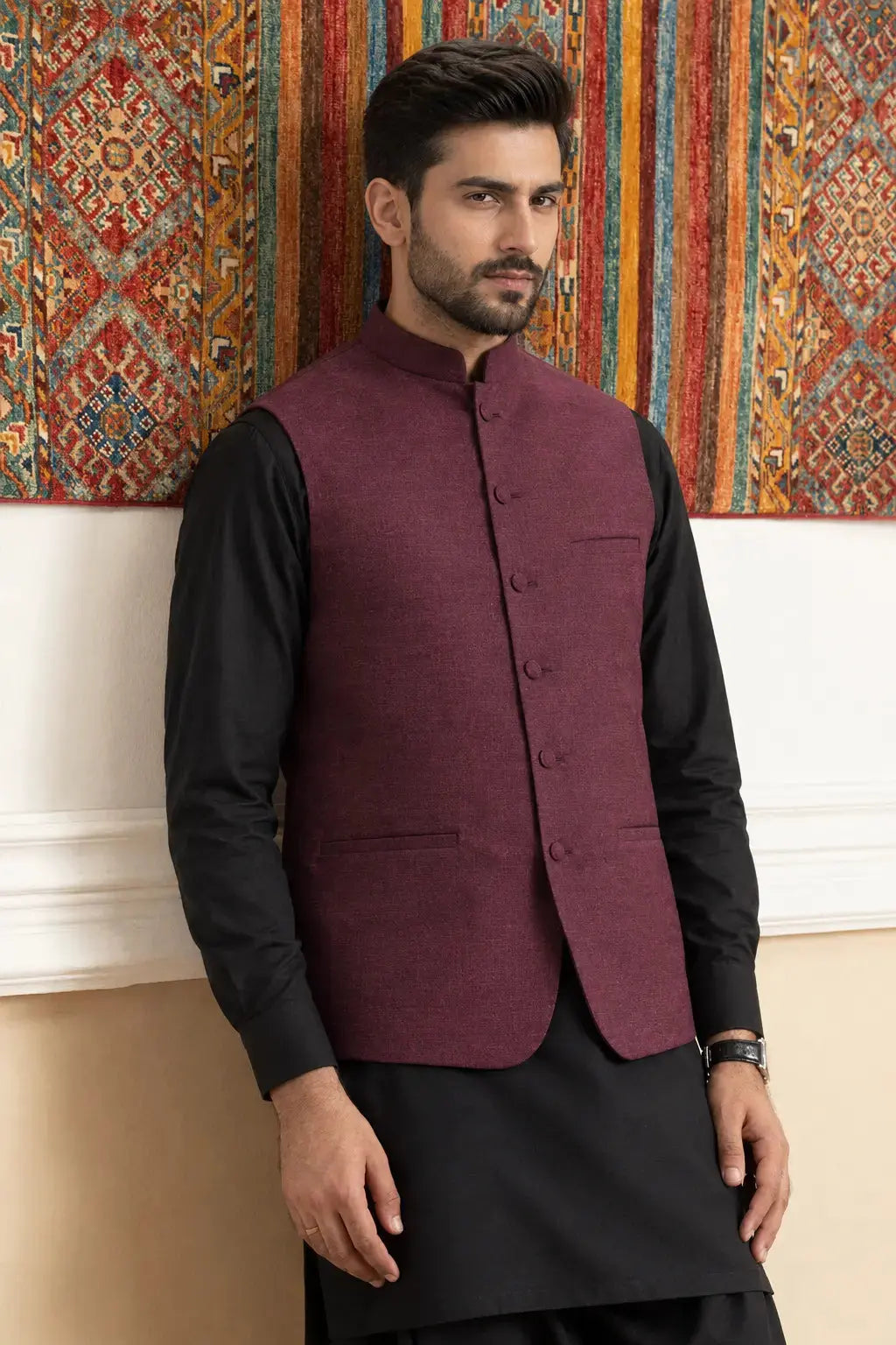 Maroon Textured Waistcoat Last Option