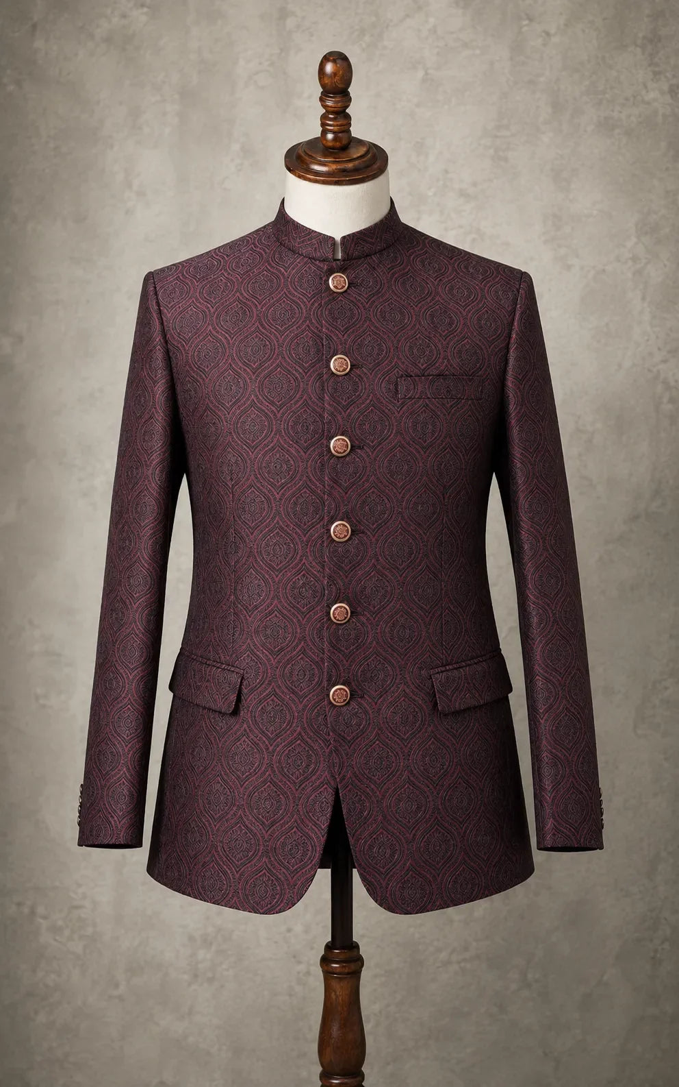 Maroon Self-Embossed Teardrop Pattern Prince Coat