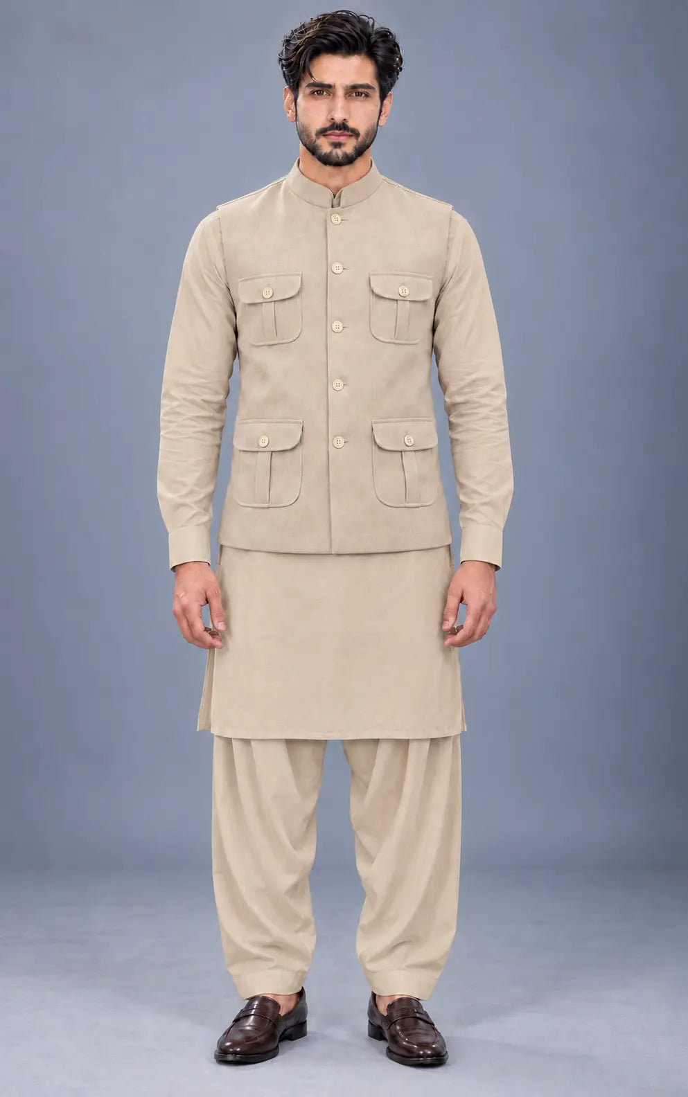 Light Beige Customized Shalwar Kameez Suit with Fabric Last Option
