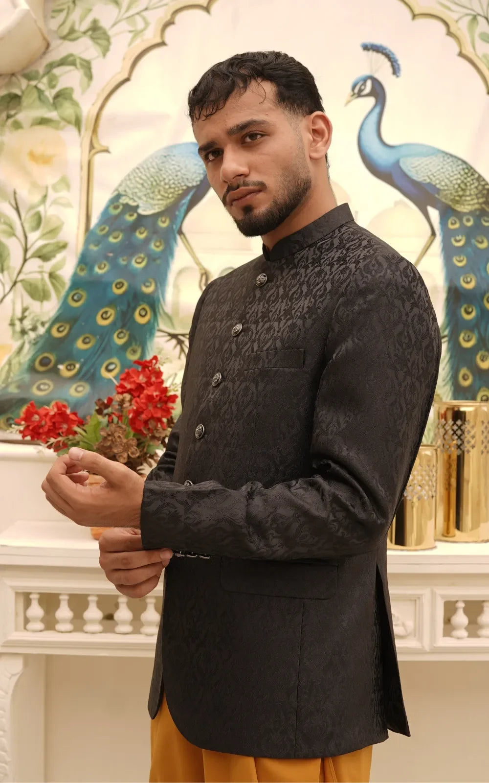 Black Floral Jacquard Prince Coat