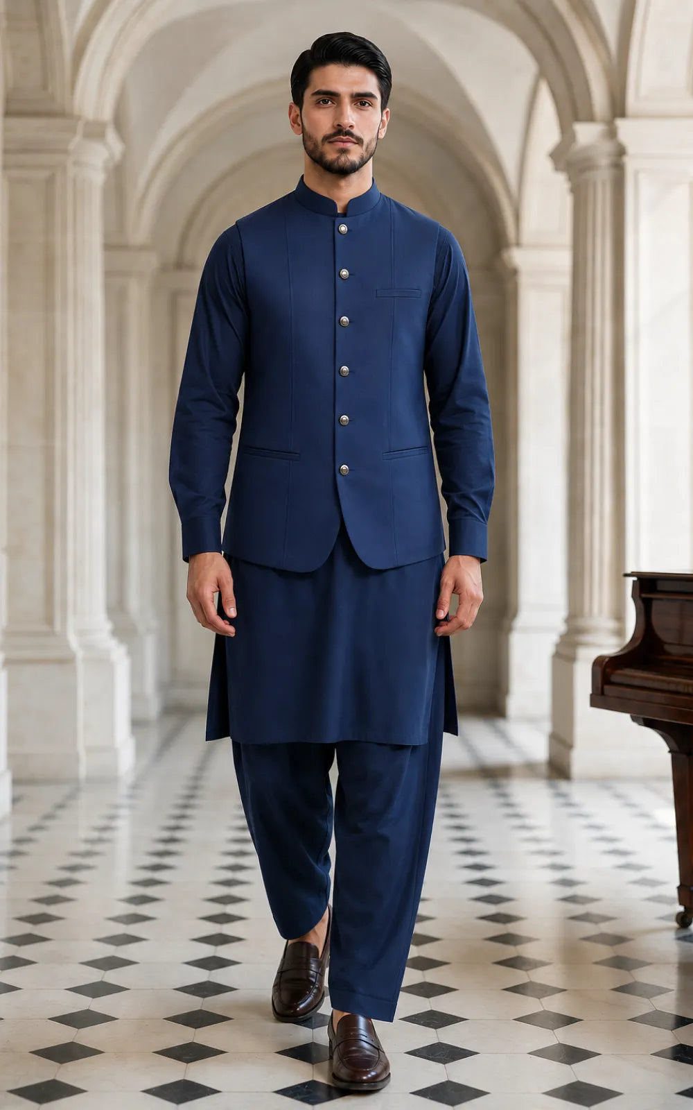 Midnight Navy Blue Shalwar Kameez with Waistcoat