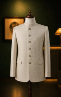 Ivory Self-Embossed Jamawar Prince Coat