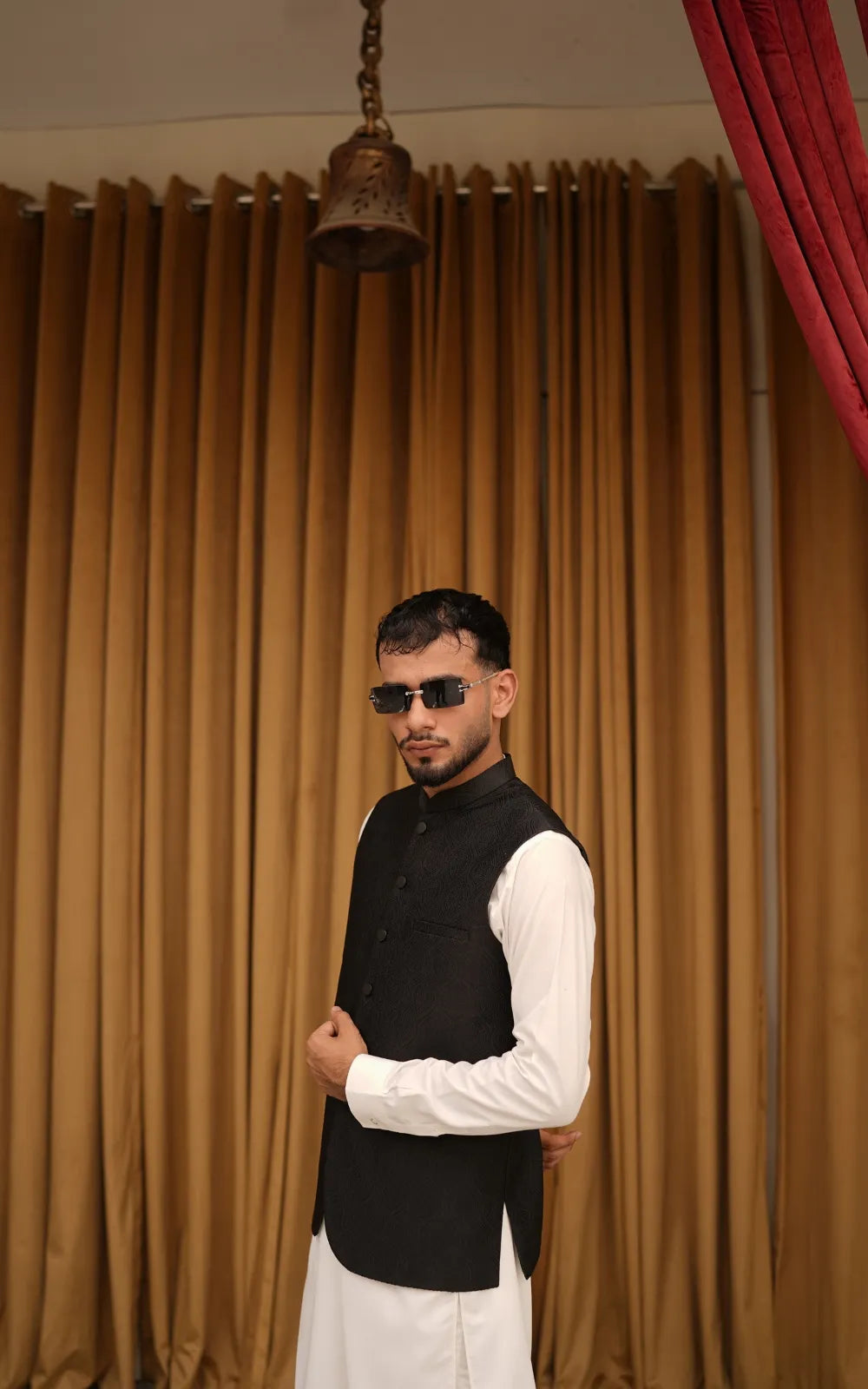 Jet Black Patterned Waistcoat