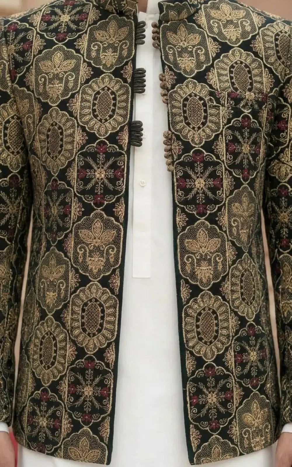 Dark Sea Green Velvet Embellished Open Prince Coat Last Option