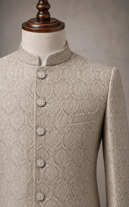 Beige Leaf Pattern Self-Embossed Prince Coat Last Option