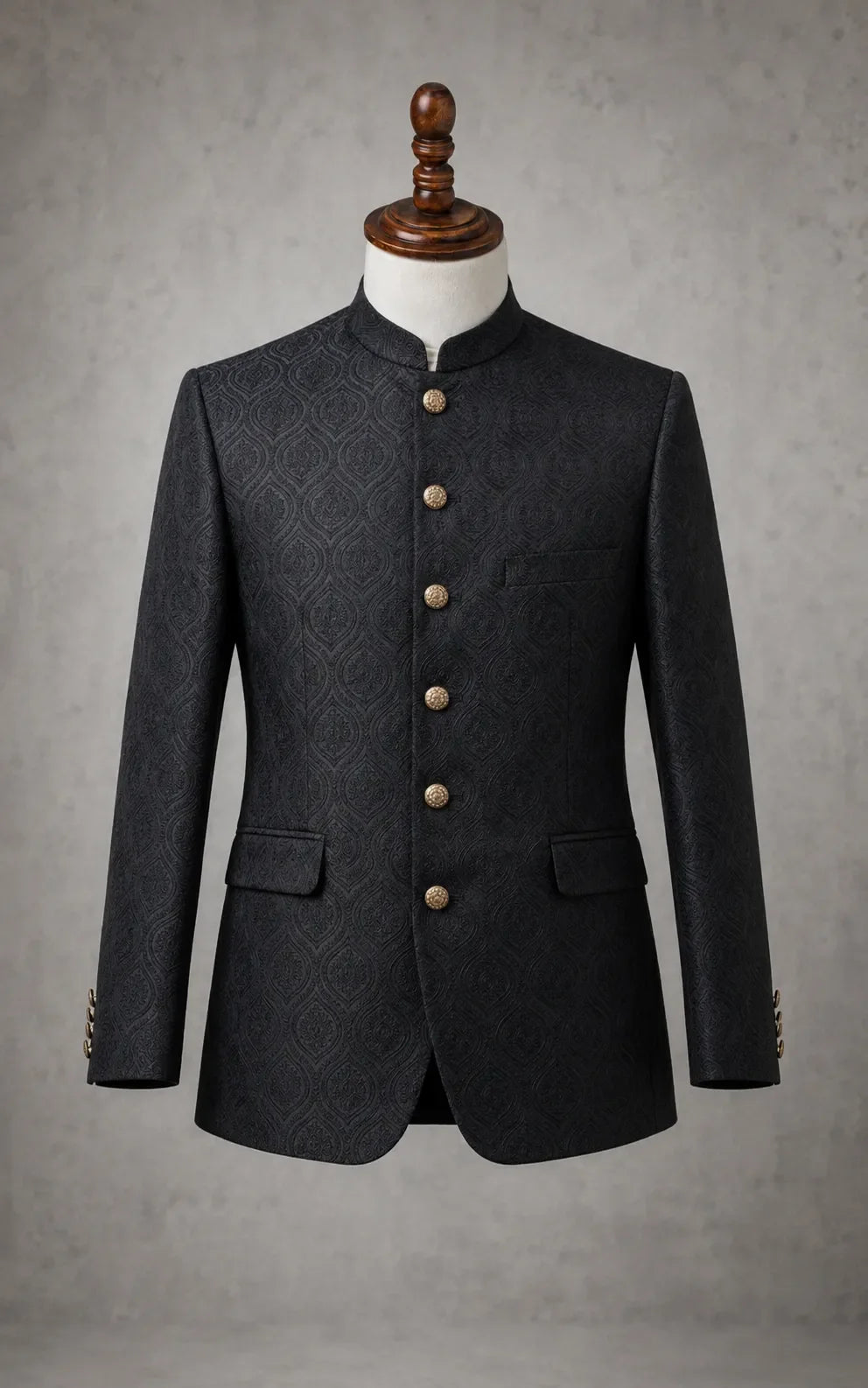 Black Self-Embossed Paisley Pattern Prince Coat