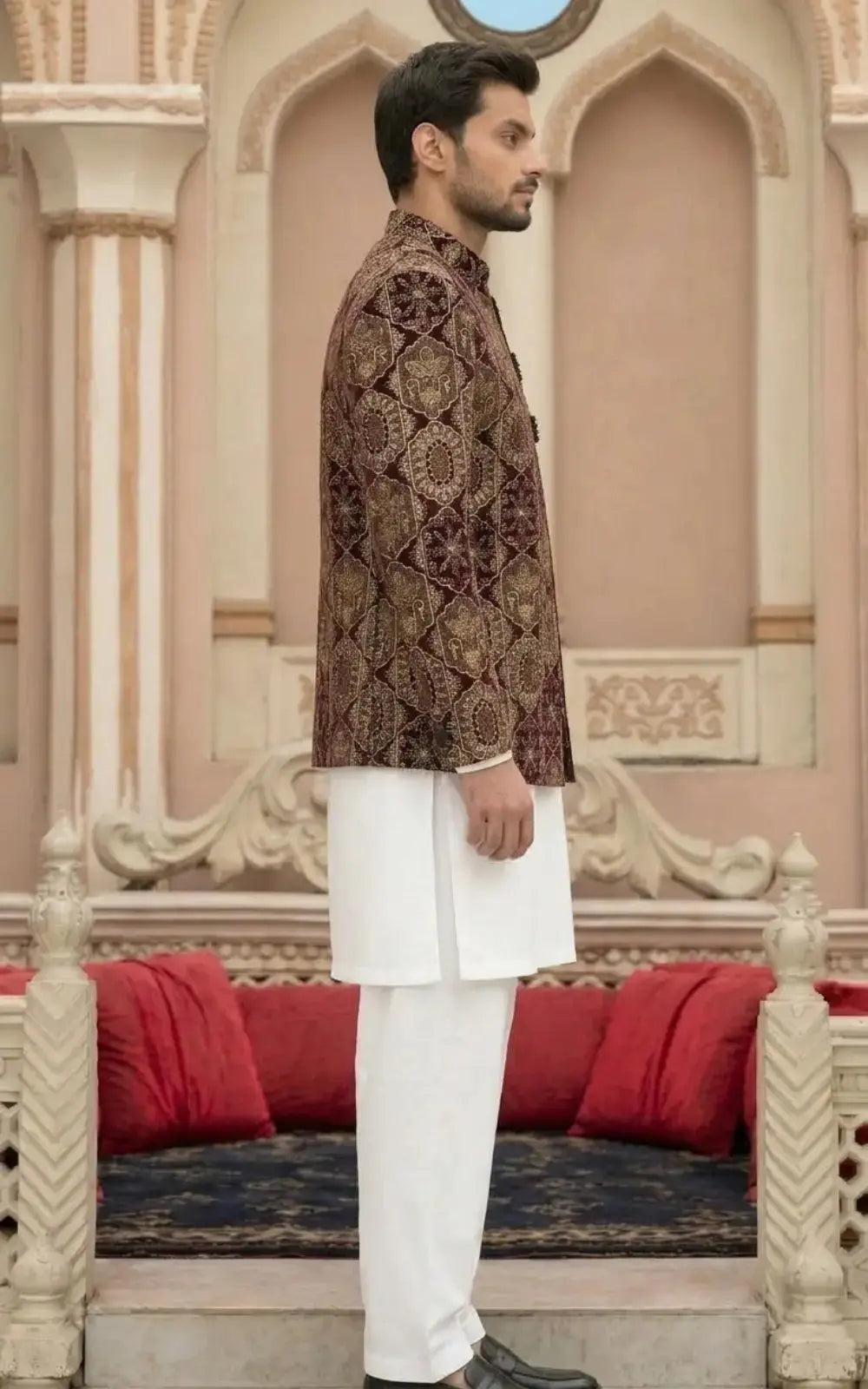Maroon Velvet Embellished Open Prince Coat Last Option