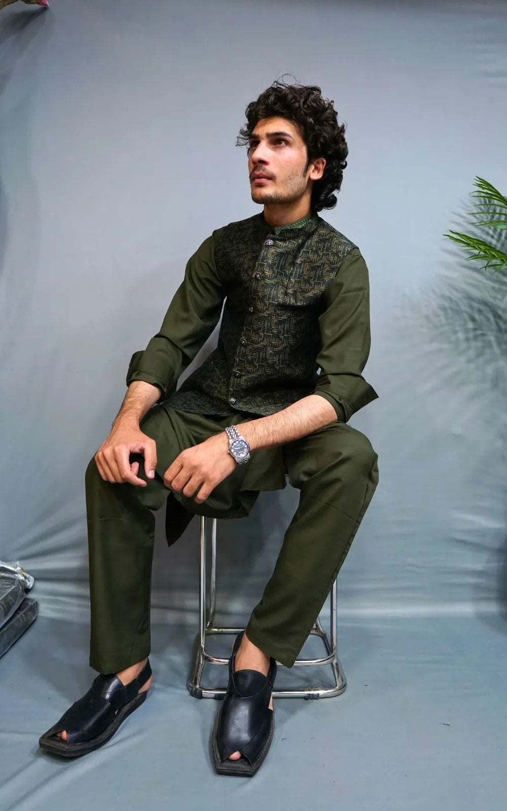 Olive Green Patterned Waistcoat