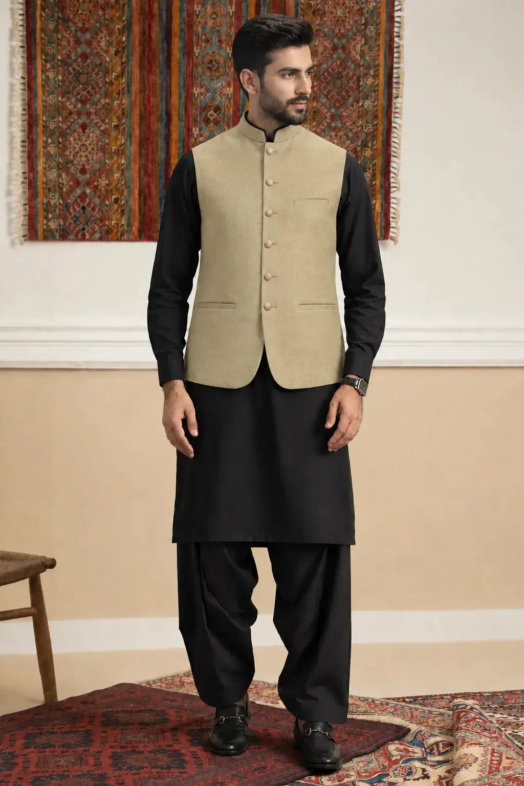 Beige Textured Waistcoat Last Option
