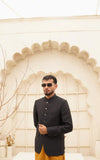 Black Self Embossed Jamawar Coat