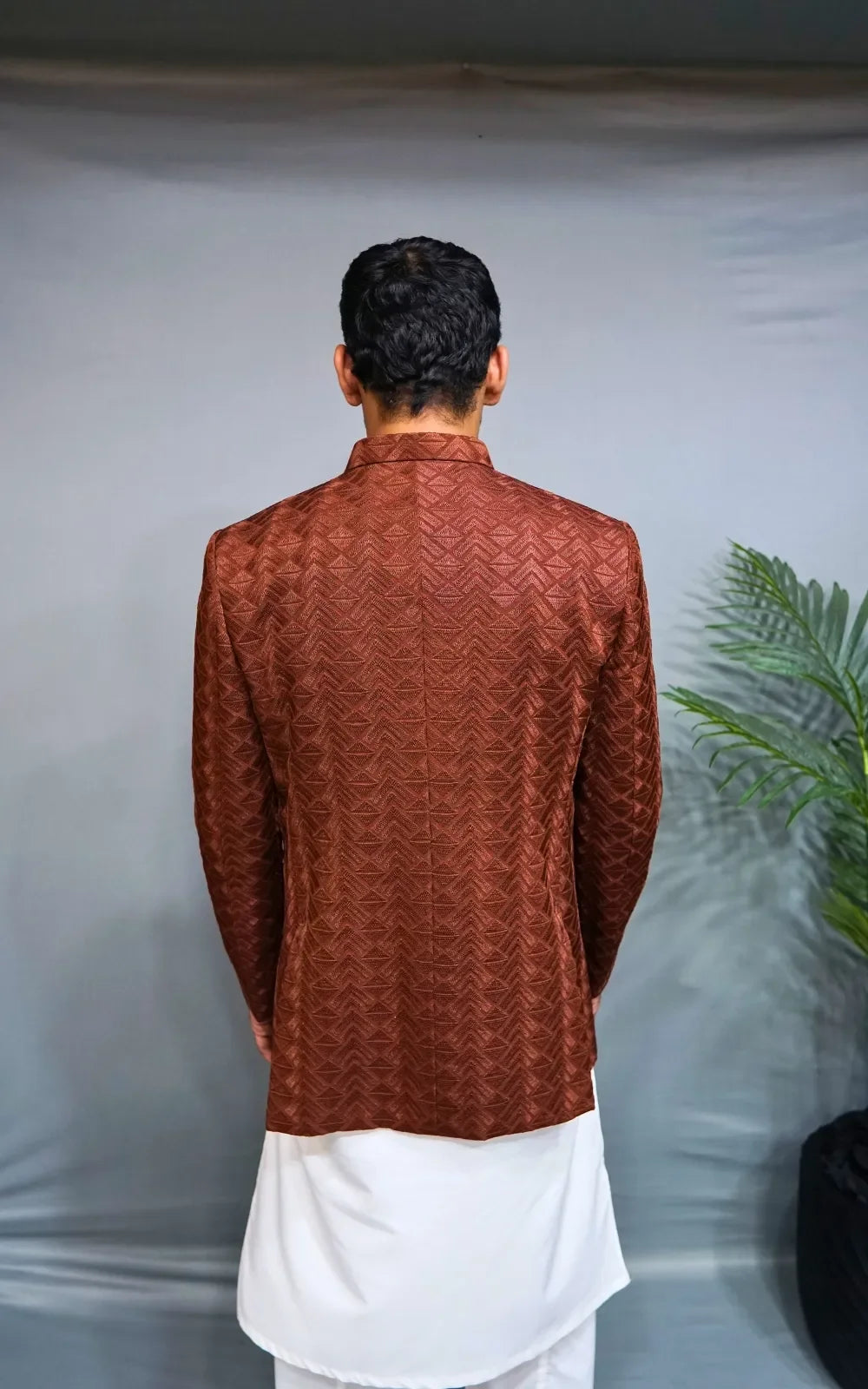 Brown Textured Embroidered Open Coat
