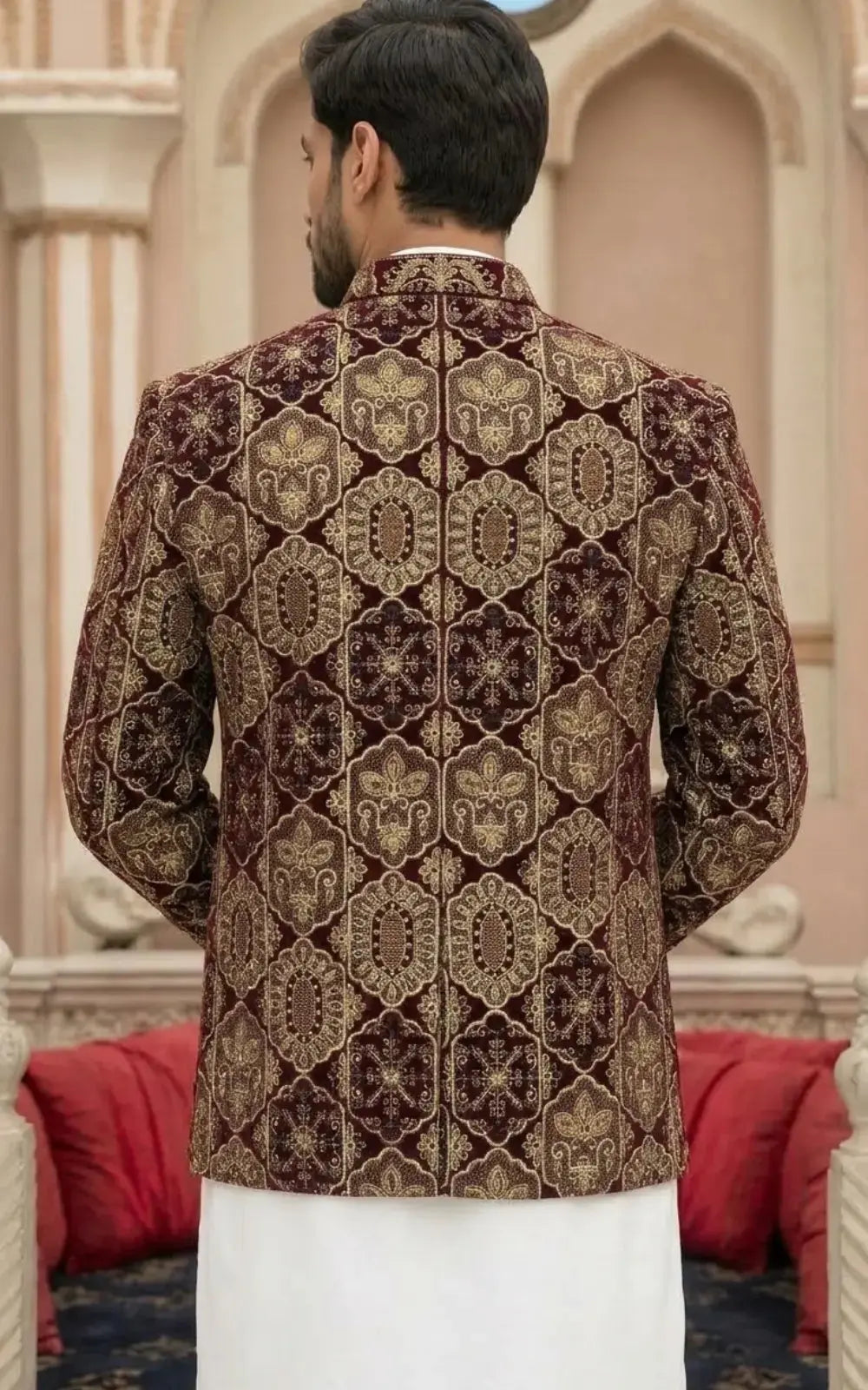 Maroon Velvet Embellished Open Prince Coat Last Option