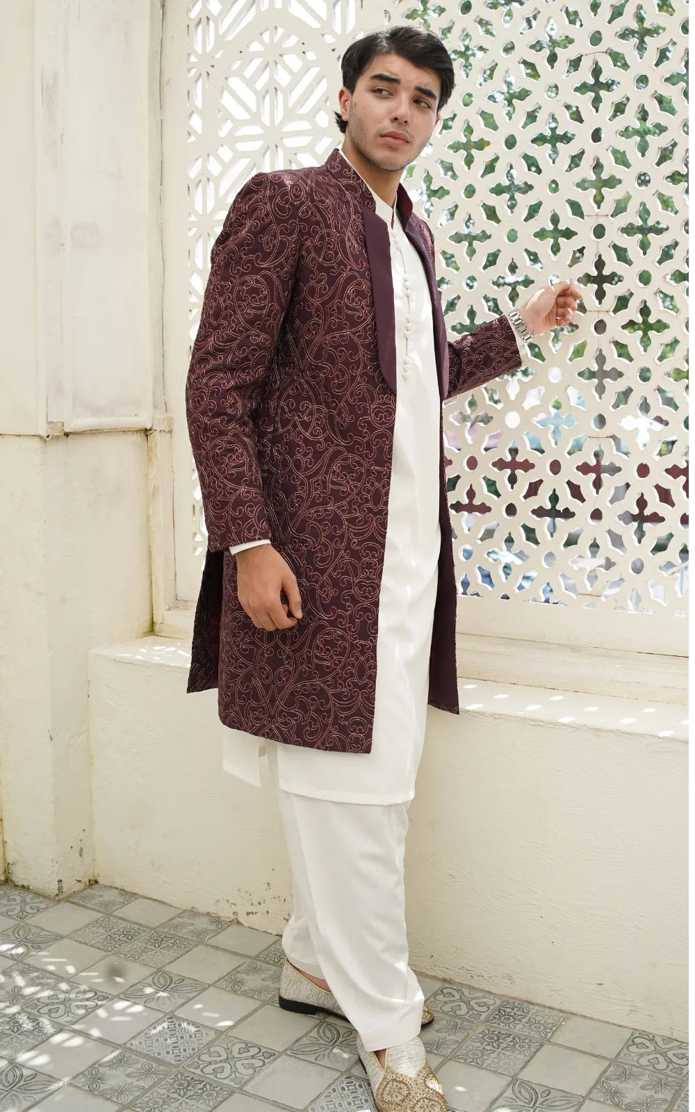 Wine Maroon Embroidered Open Gown Prince Coat