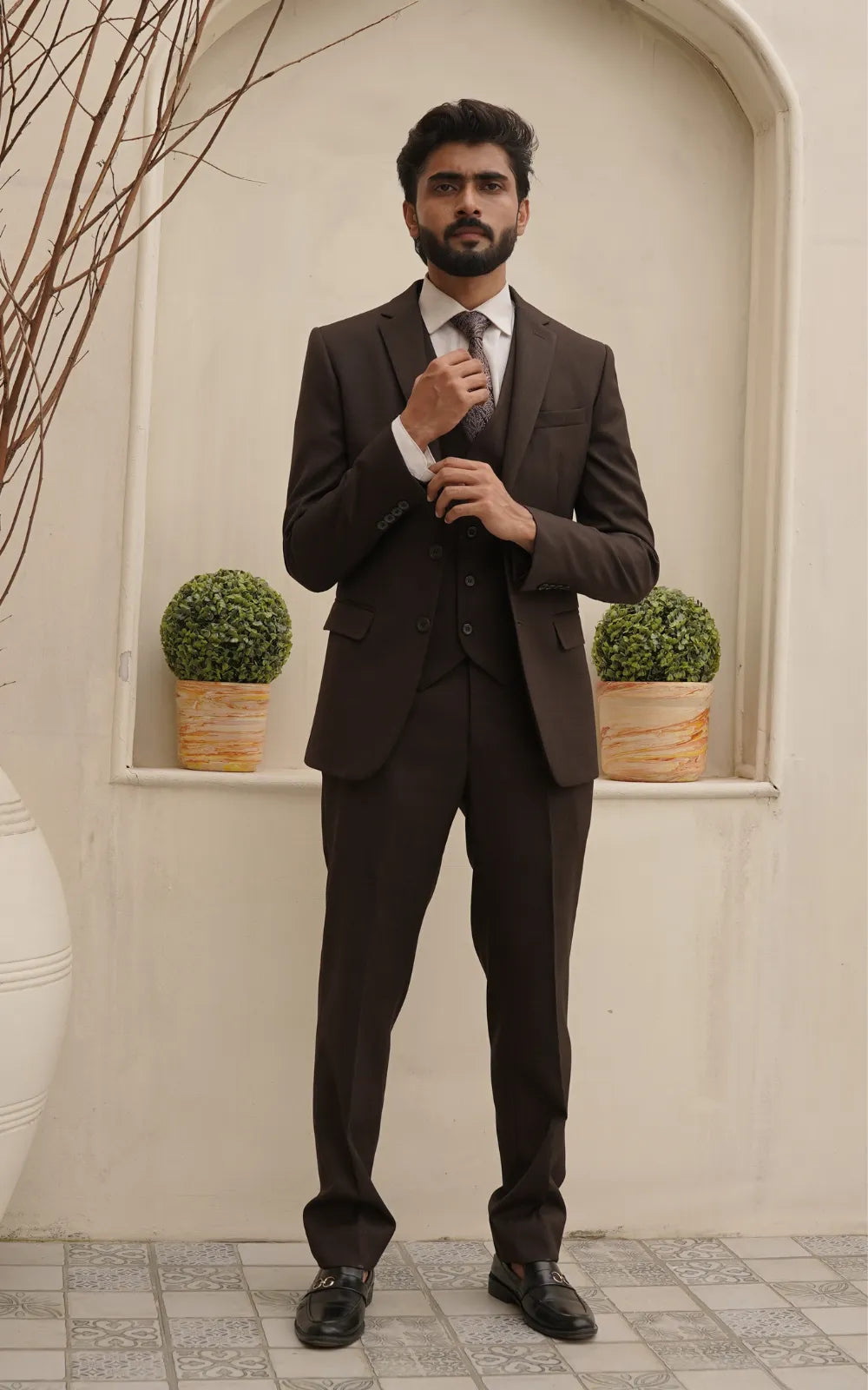 Men Slim Fit Three Piece Suit in Rich Coffee Brown